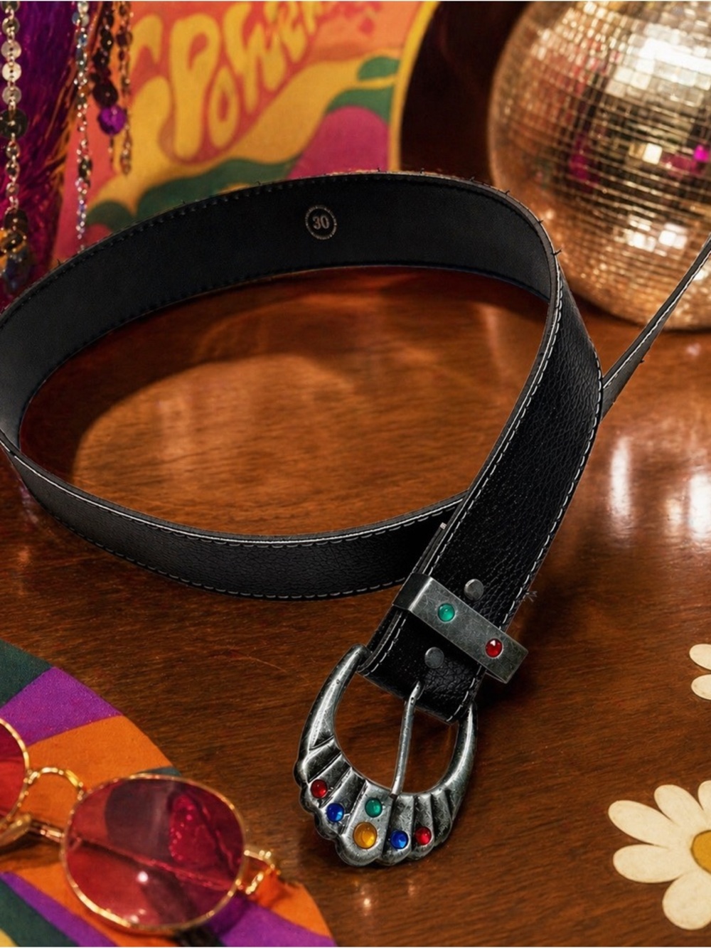 Vintage Funky Belt Colorful Gem Buckle Black Leather Retro Y2K Statement